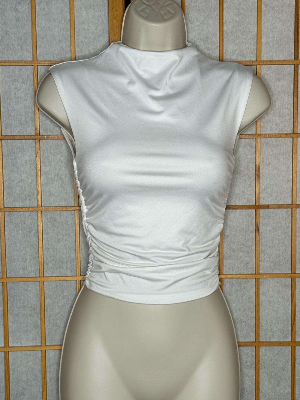Mock Neck White Sleeveless Ruched Tank Top